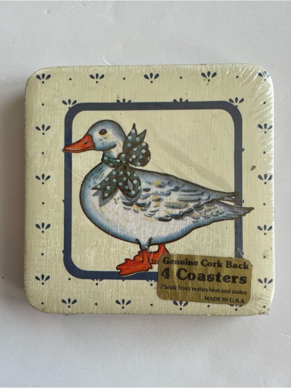 Vintage Geese Coasters Blue Ribbon Bow Cottagecore Country Cork Back 4 Set USA